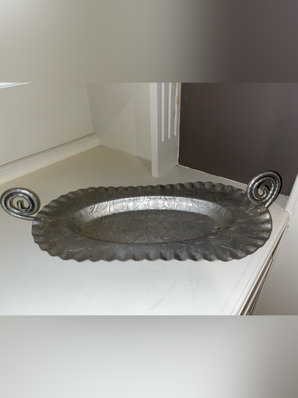 Hand Finished Aluminum Oval Serving Tray, Embossed Floral Fruit Pattern, Handles